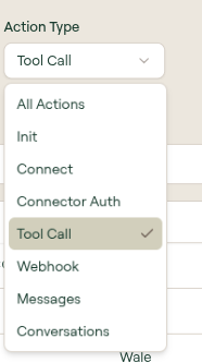 Logs Action Type dropdown open, showing All Actions, Init, Connect, Connector Auth, Tool Call, Webhook, Messages, and Conversations