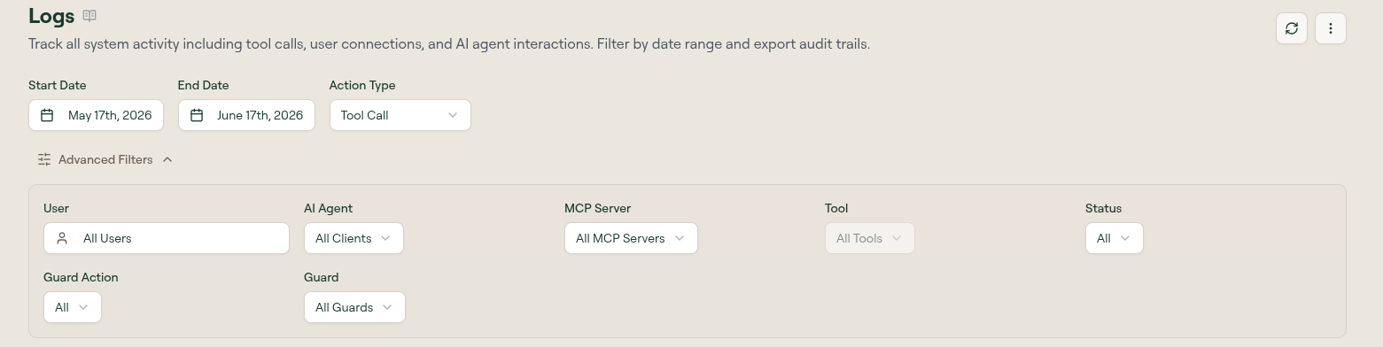 Logs Advanced Filters expanded, showing User, AI Agent, MCP Server, Tool, Status, Guard Action, and Guard selectors