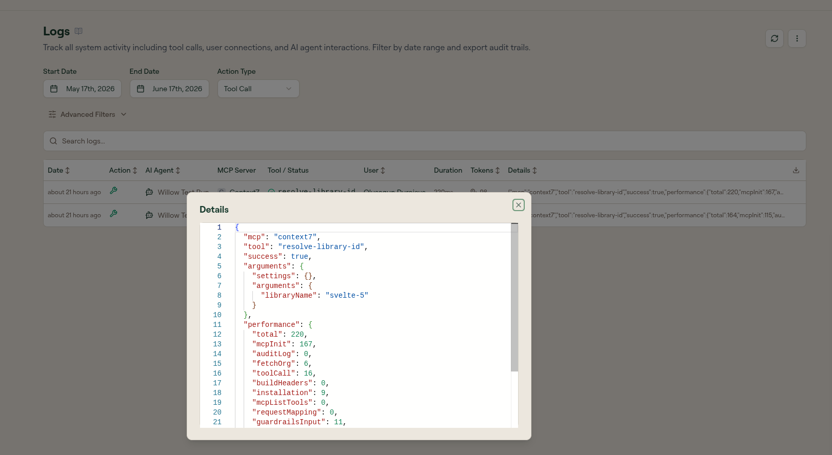 Log Details modal showing a scrollable, line-numbered JSON viewer with mcp, tool, success, arguments, and performance fields