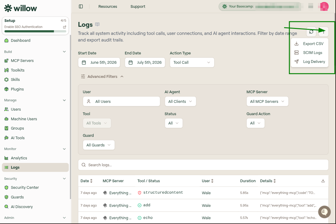 Logs overflow menu open, showing Export CSV, SCIM Logs, and Log Delivery options