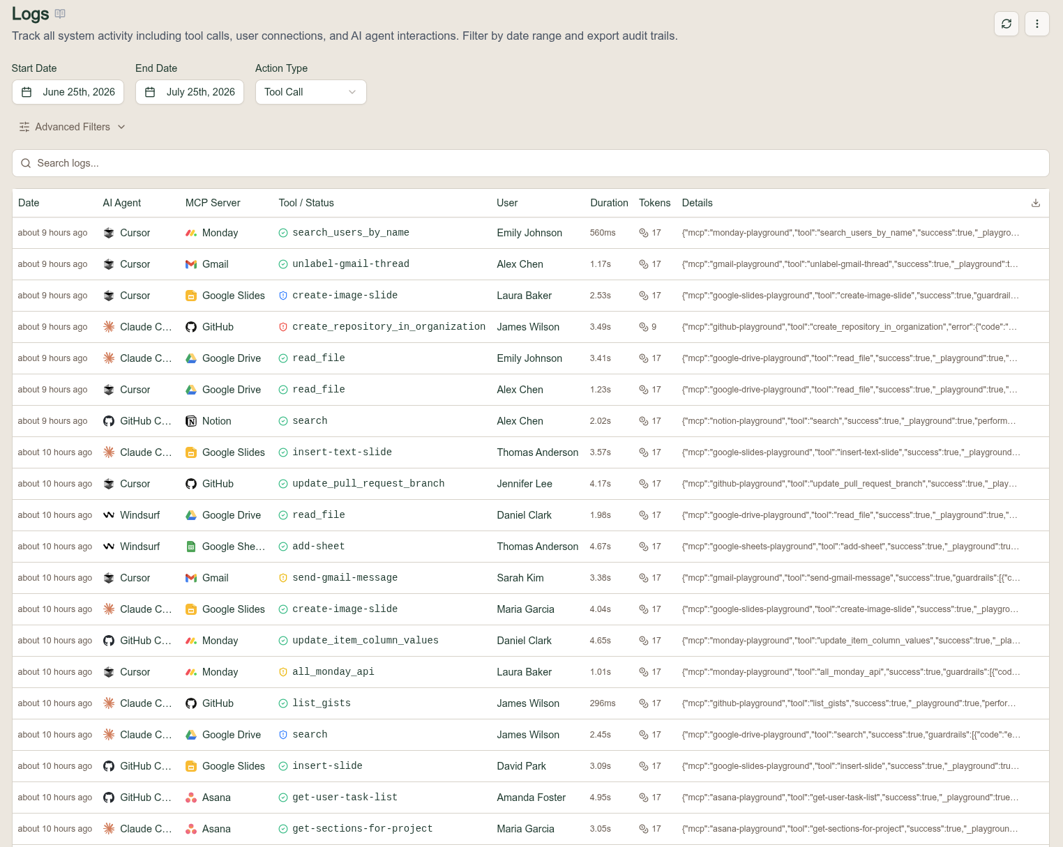 Logs page with Start Date, End Date, and Action Type controls, an Advanced Filters toggle, a search field, and a table with Date, Action, AI Agent, MCP Server, Tool / Status, User, Duration, Tokens, and Details columns