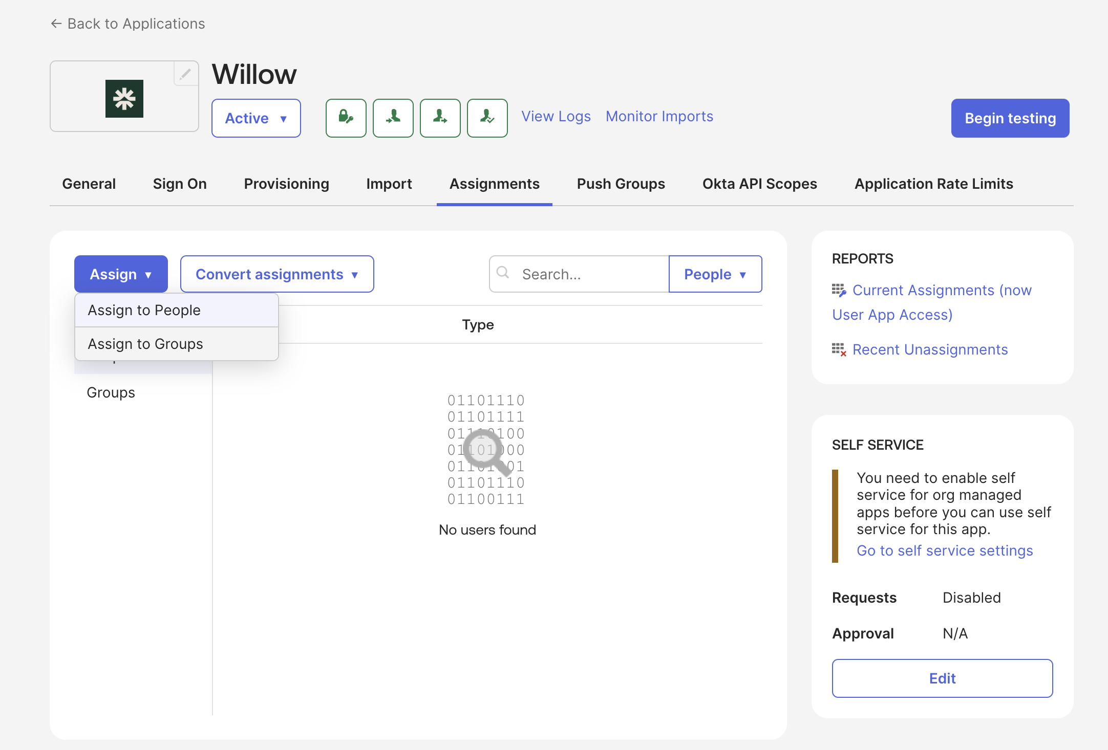 Assigning groups to the Willow app in Okta