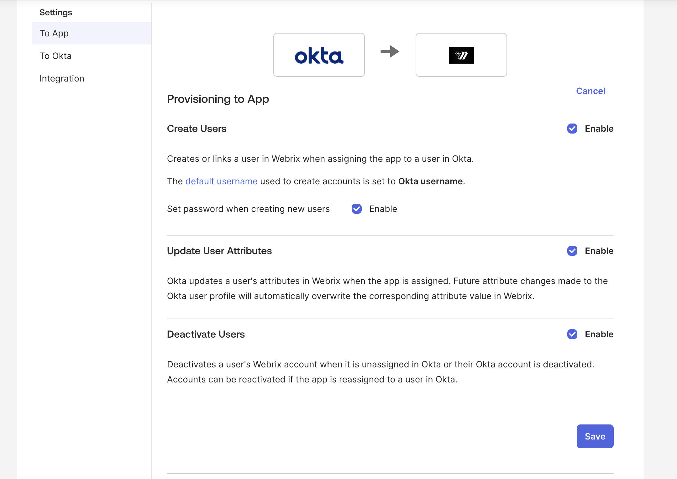 Enabling Create, Update, and Deactivate provisioning actions to the app in Okta