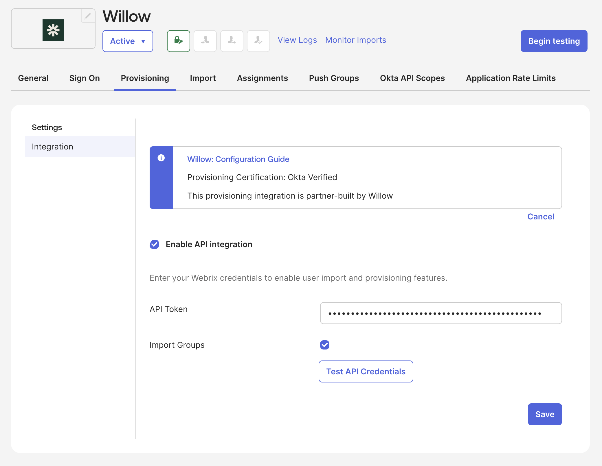 Configuring the Willow SCIM API integration in Okta