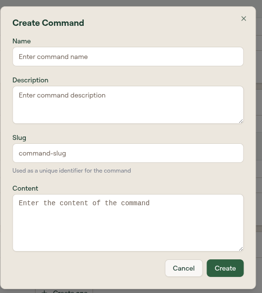 Create Command form with Name, Description, Slug, and Content fields
