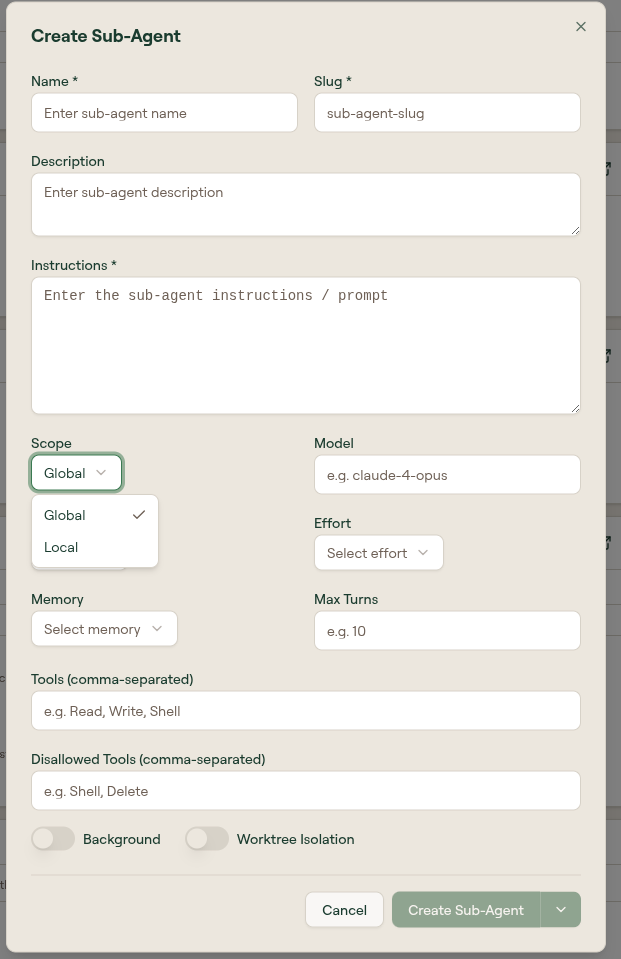 Create Sub-Agent form with Name, Slug, Description, Instructions, Scope, Model, Effort, Memory, Max Turns, Tools and Disallowed Tools fields, and Background and Worktree Isolation toggles
