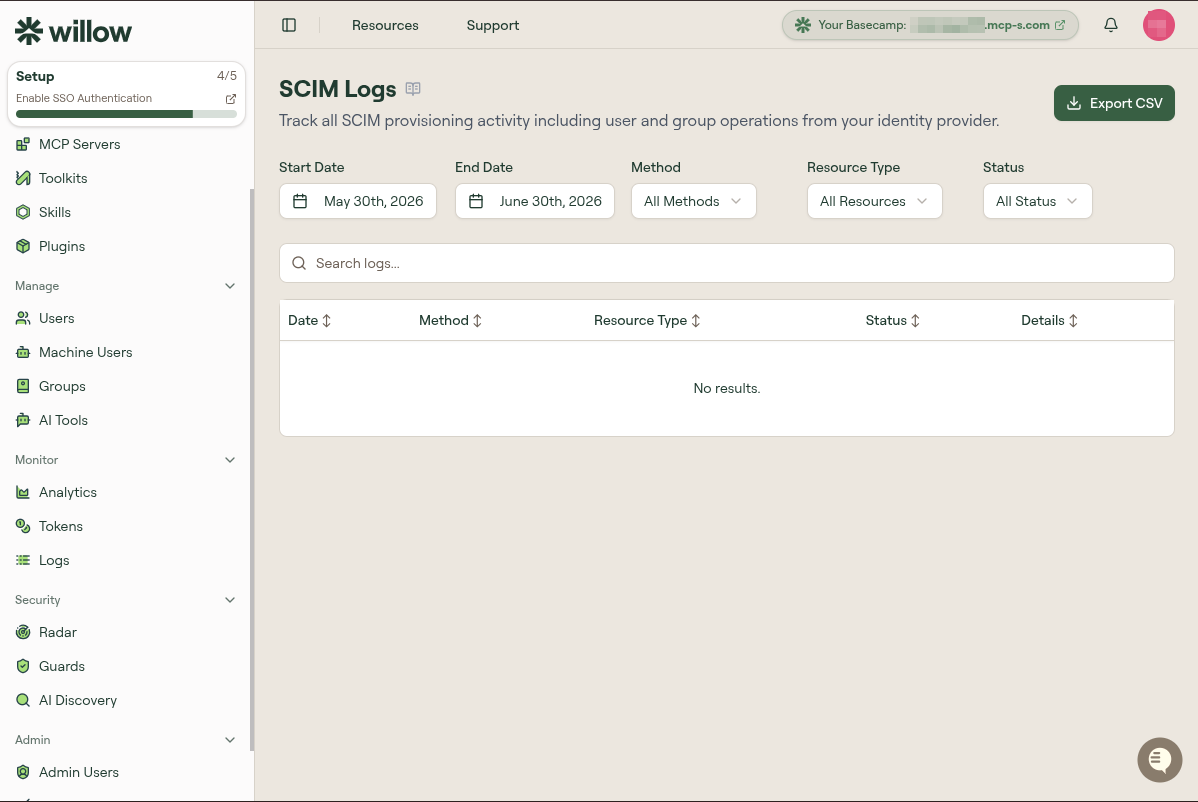 SCIM Logs page showing an empty state before any provisioning operations have occurred