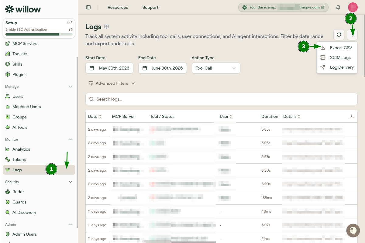 Steps to access SCIM Logs: Admin sidebar, Logs page, options menu, SCIM Logs option