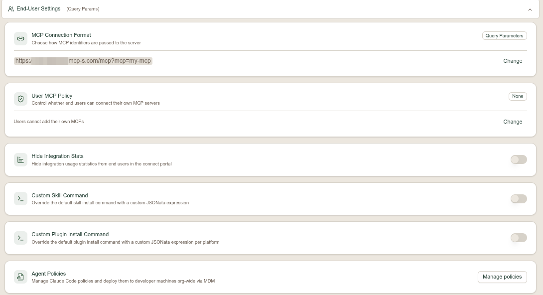 End-User Settings panel showing MCP Connection Format, User MCP Policy, Hide Integration Stats, Custom Skill Command, Custom Plugin Install Command, and Agent Policies