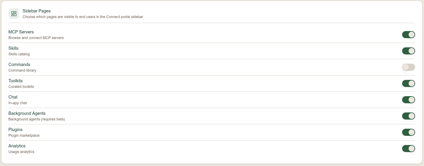 Sidebar Pages section with toggles for MCP Servers, Skills, Commands, Toolkits, Chat, Background Agents, Plugins, and Analytics, with Commands turned off