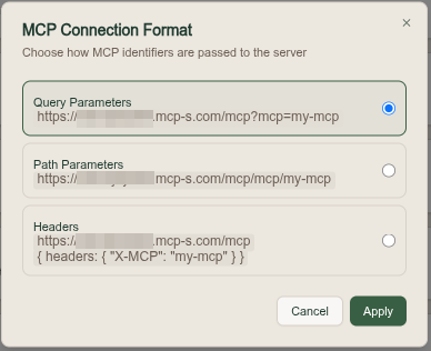 MCP Connection Format dialog with Query Parameters, Path Parameters, and Headers options, each previewing the resulting connection string