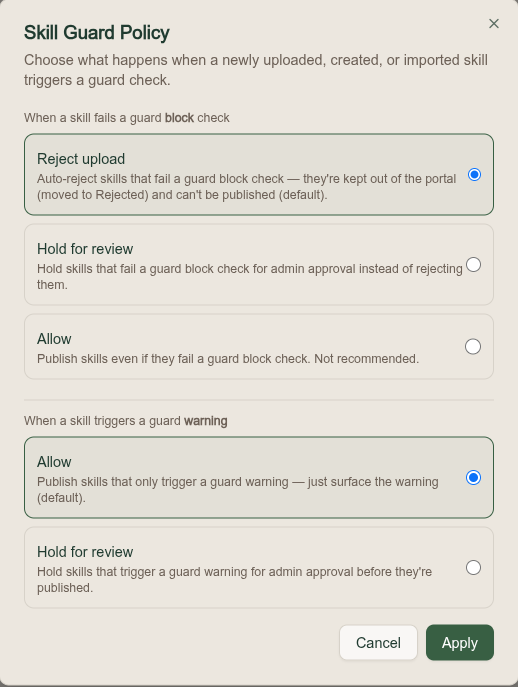 Skill Guard Policy dialog with Reject upload, Hold for review, and Allow options for a failed block check, and Allow and Hold for review options for a warning