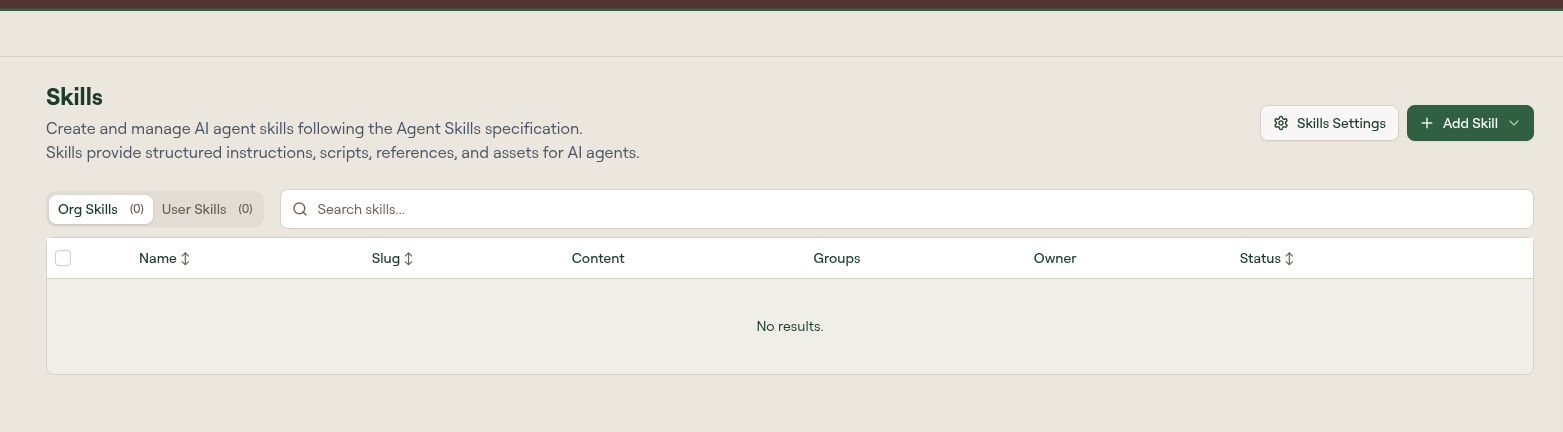 Skills list with Org Skills and User Skills scope tabs, a search field, Skills Settings and Add Skill buttons, and columns for Name, Slug, Content, Groups, Owner, and Status