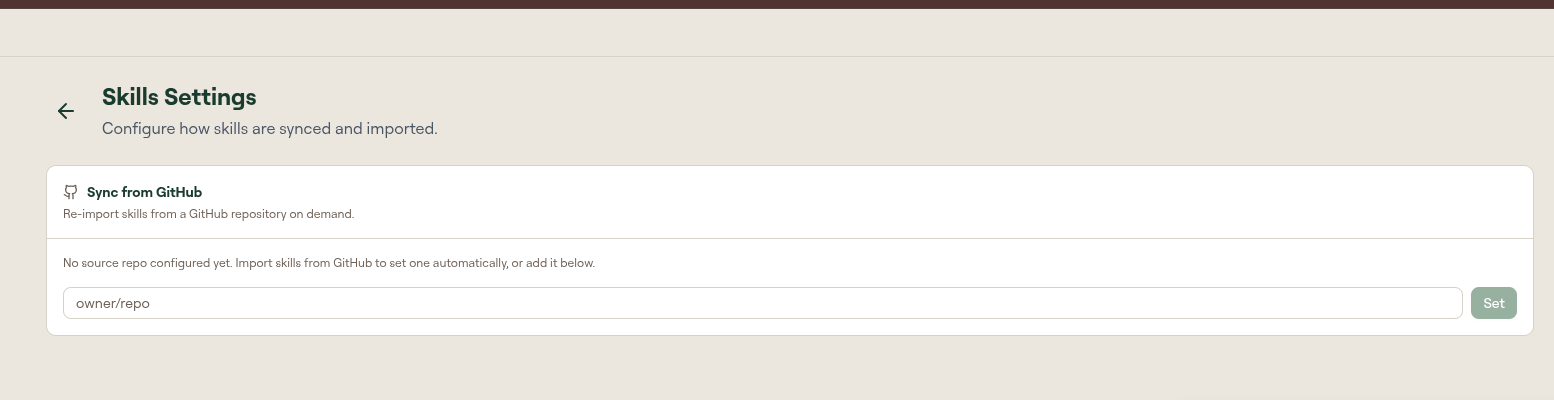 Skills Settings panel with a GitHub repository input and a sync action