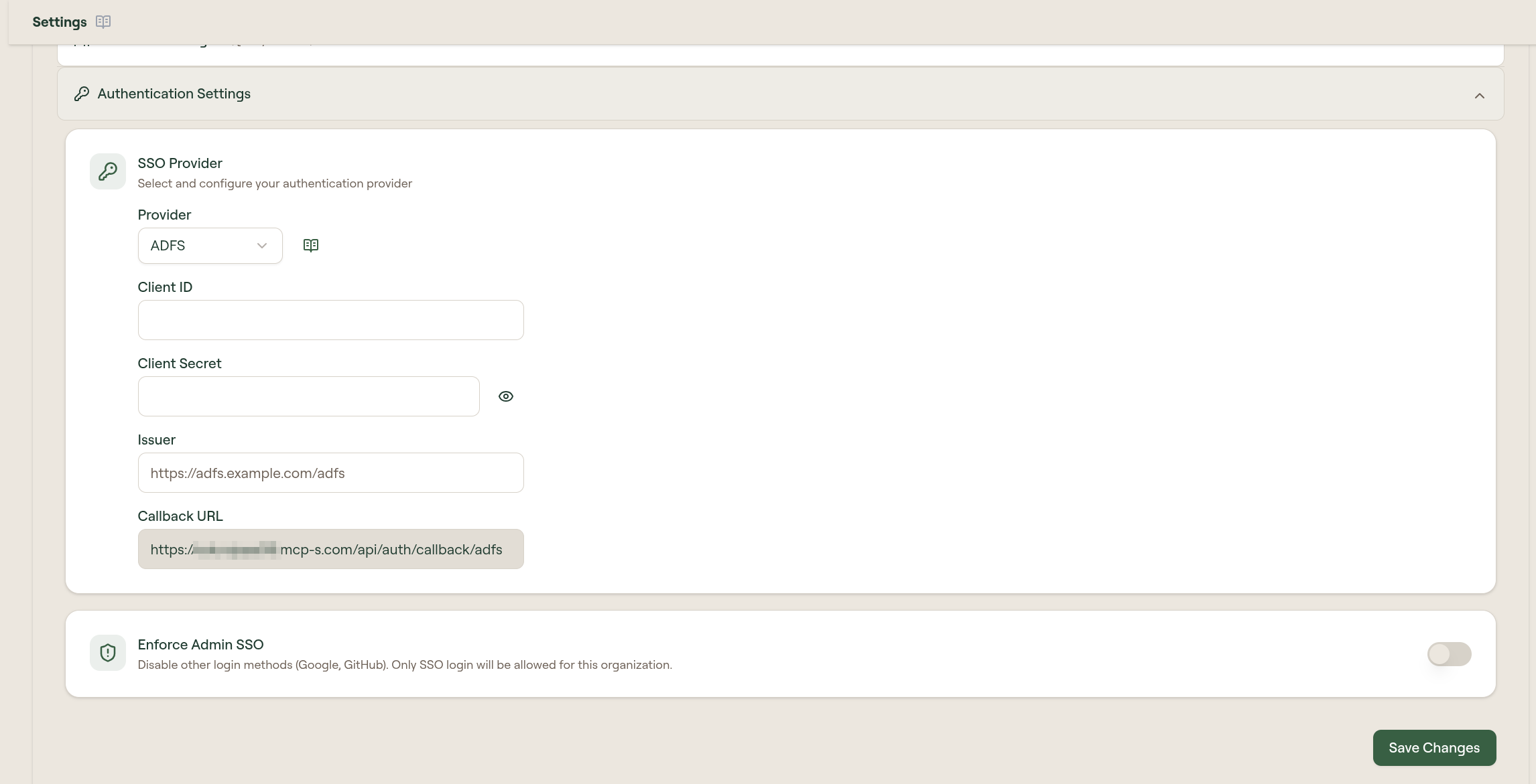 ADFS SSO provider configured in Willow Authentication Settings