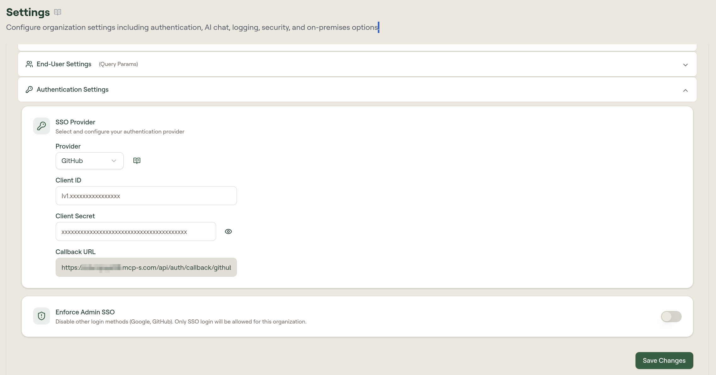 GitHub SSO provider configured in Willow Authentication Settings