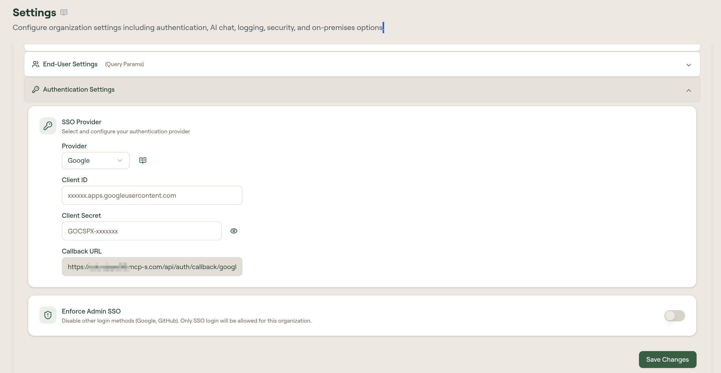 Google SSO provider configured in Willow Authentication Settings