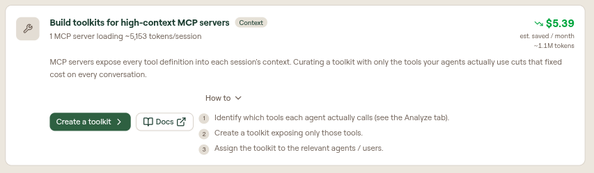 Recommendation card for building toolkits for high-context MCP servers