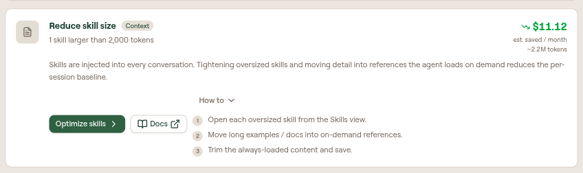 Recommendation card for reducing an oversized skill