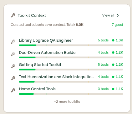 Toolkit Context card with toolkit context token rows and View all action