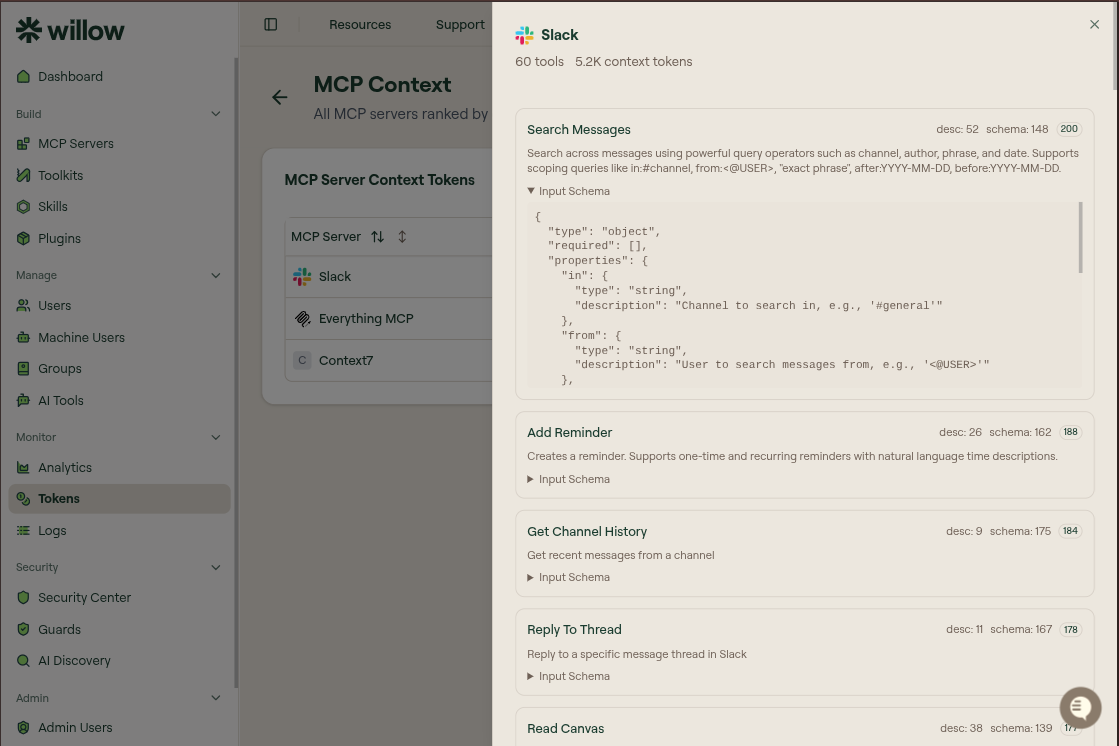 MCP context detail drawer for Slack showing tools with description and schema token counts