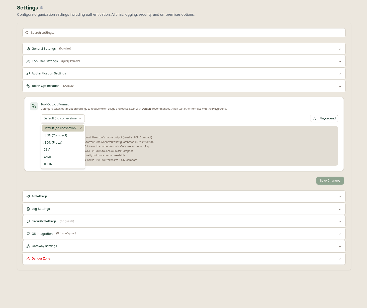 Token Optimization settings with the Tool Output Format dropdown open showing Default, JSON Compact, JSON Pretty, CSV, YAML, and TOON