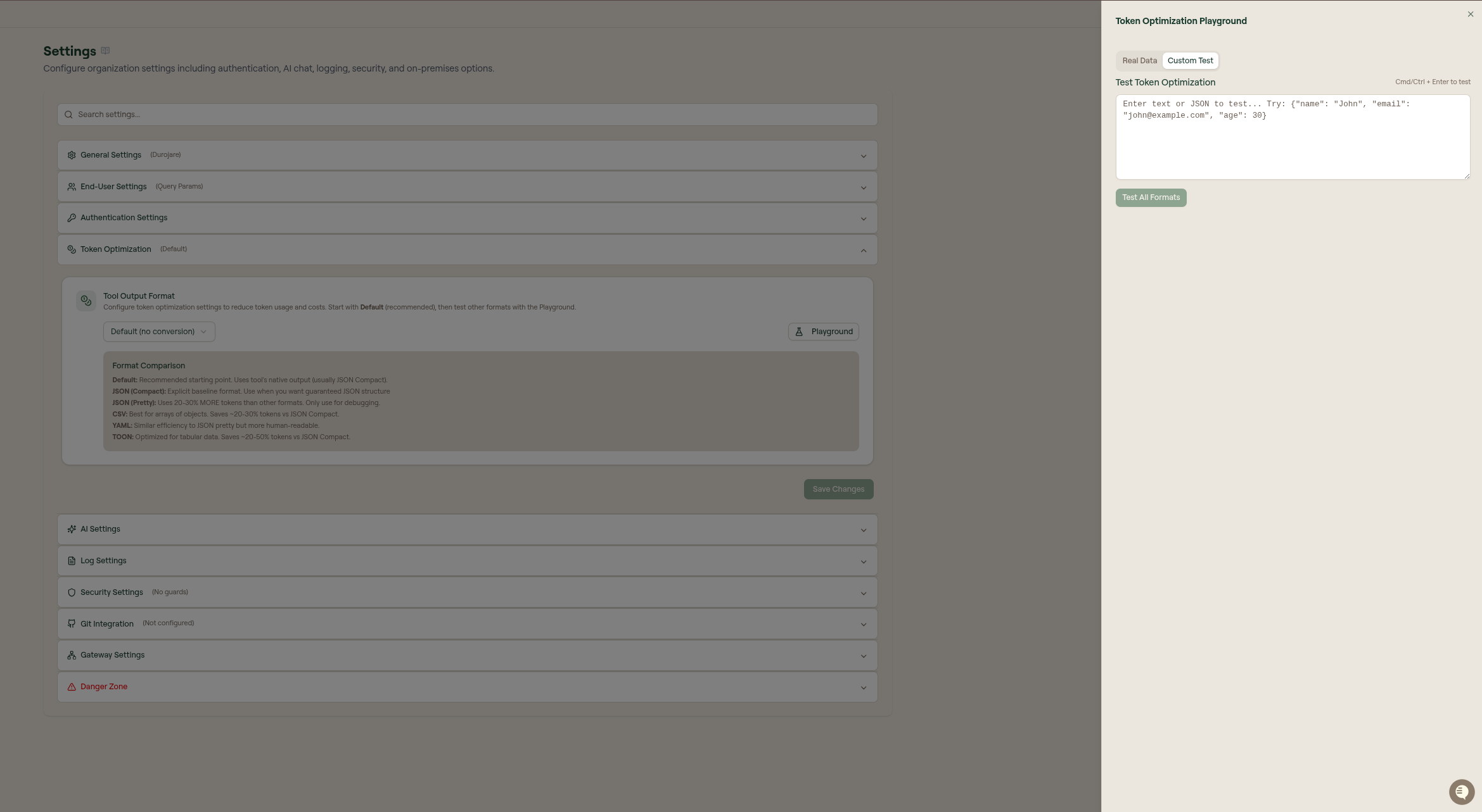 Token Optimization Playground showing Custom Test input and Test All Formats action