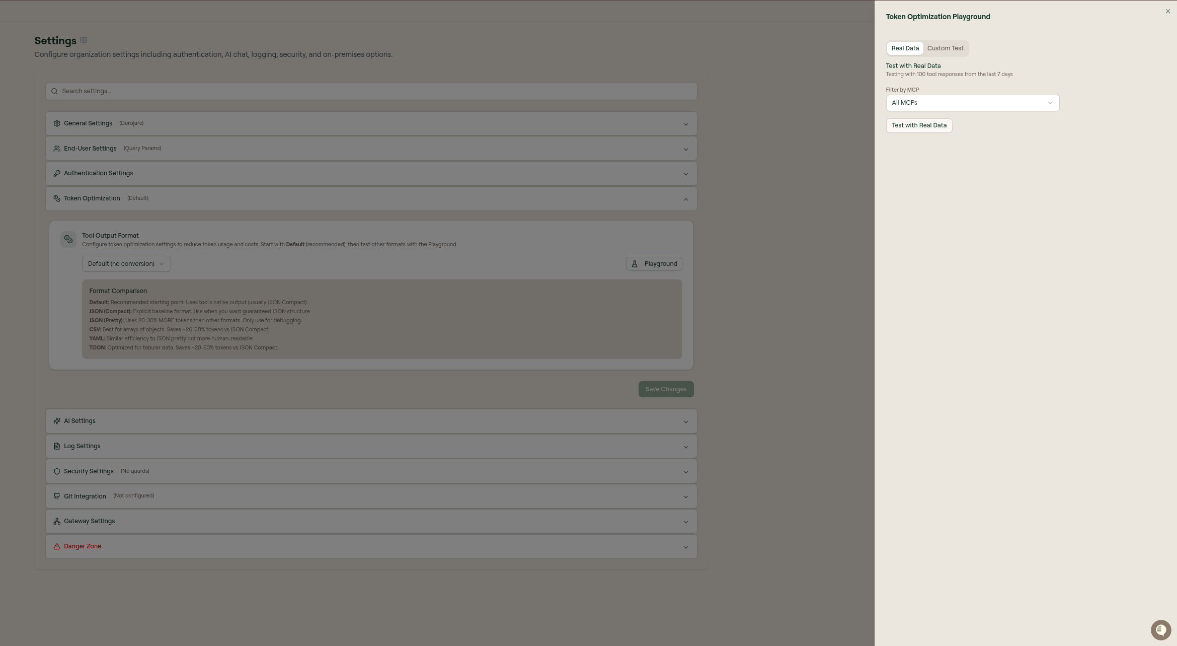 Token Optimization Playground showing Real Data testing with recent tool responses