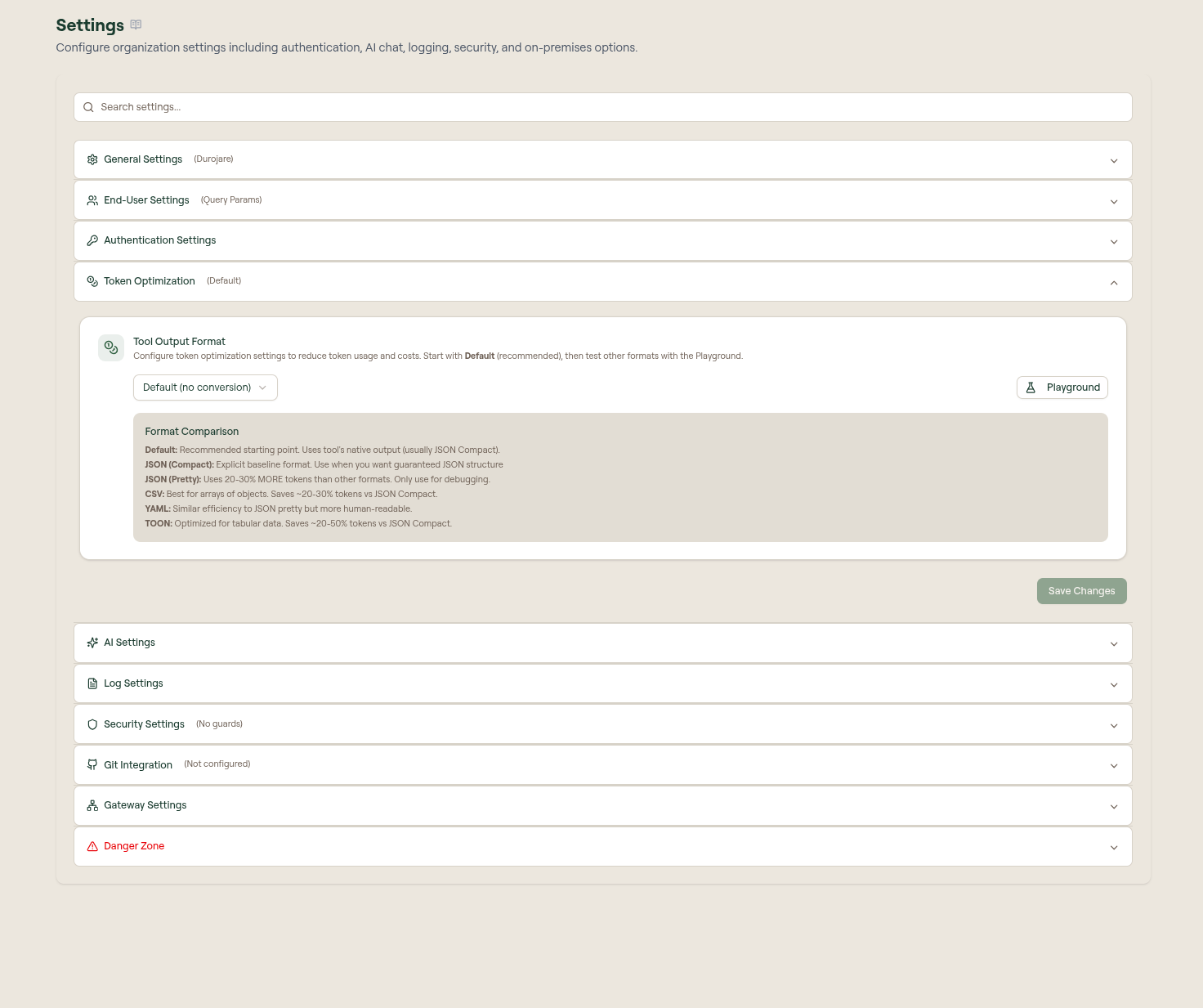 Token Optimization settings panel showing Tool Output Format options and Playground action