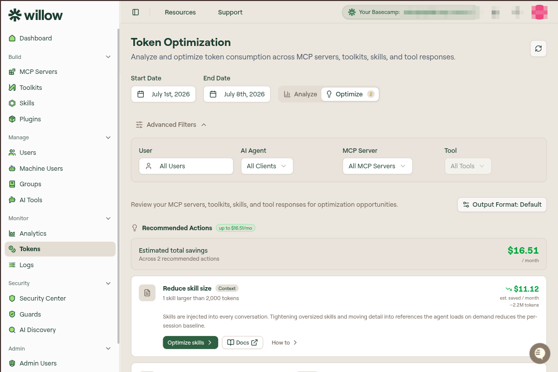 Willow Tokens Optimize view showing recommended actions and estimated total savings