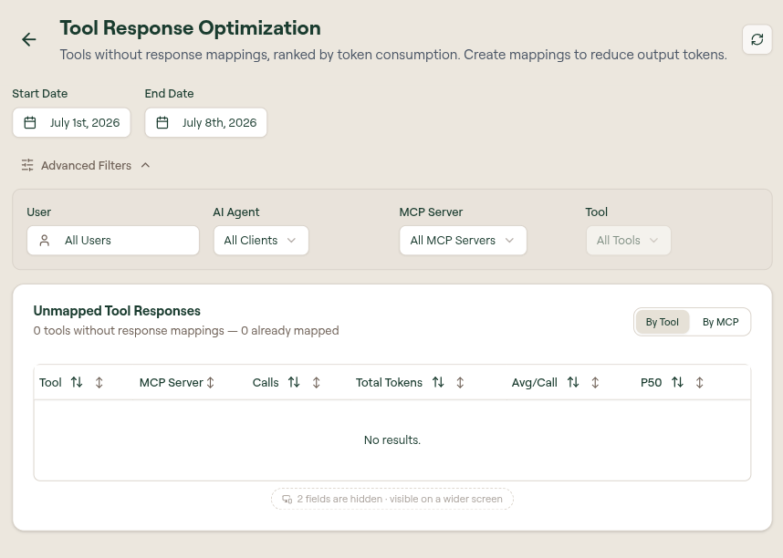 Tool Response Optimization page with advanced filters expanded for user, AI agent, MCP server, and tool