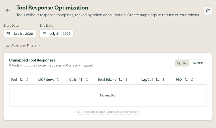Tool Response Optimization page with date range controls, advanced filters, and an unmapped tool responses table