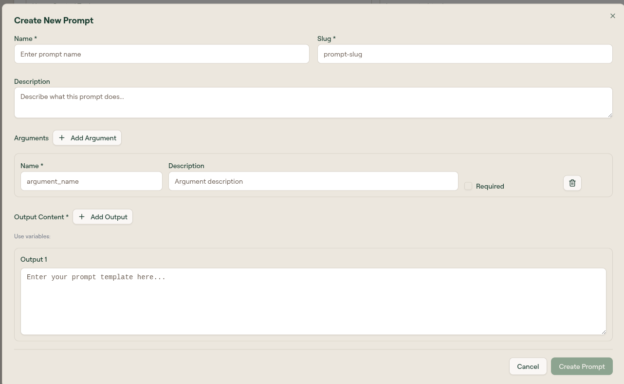 Create prompt form with Name, Slug, Description, an Arguments section with Add Argument, and an Output Content field