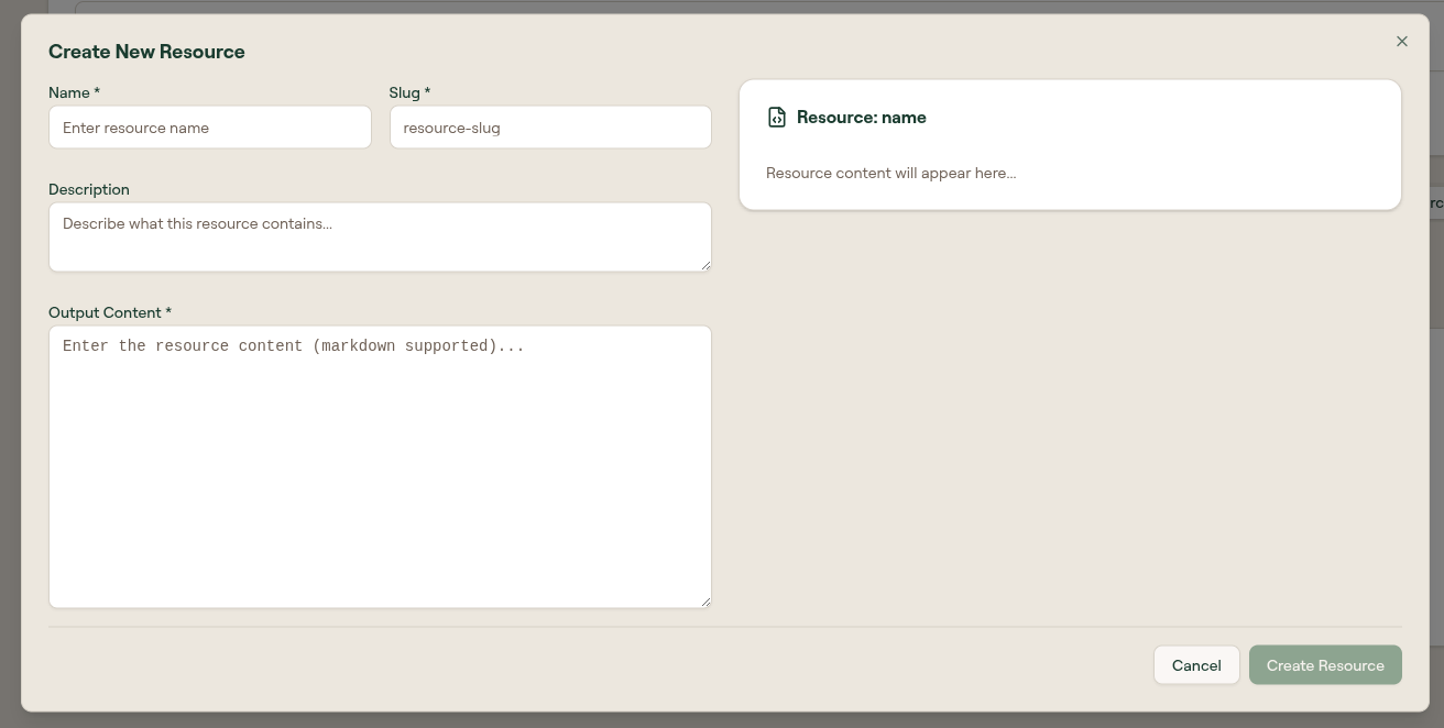 Create resource form with Name, Slug, Description, and a Content field with a preview panel