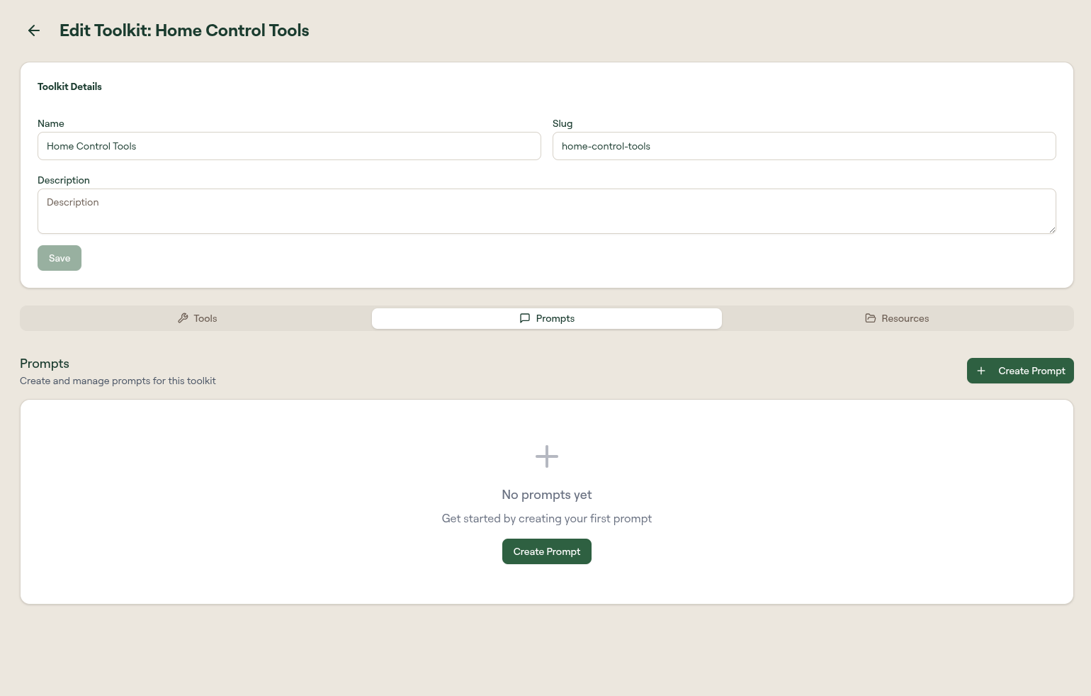 Toolkit edit page Prompts tab empty state with a Create Prompt button