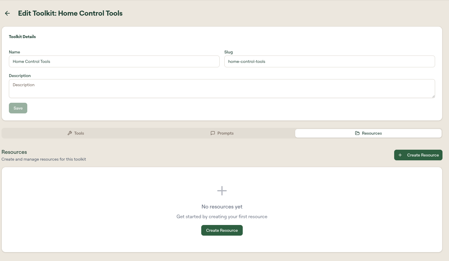 Toolkit edit page Resources tab empty state with a Create Resource button