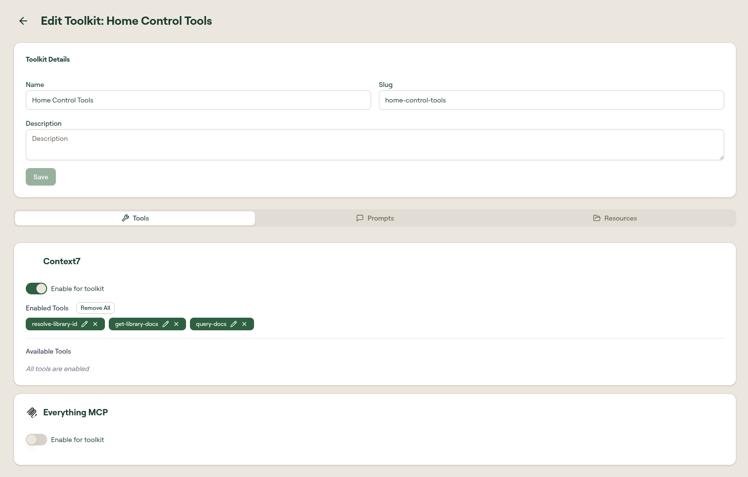 Toolkit edit page Tools tab showing included tools with search and add controls