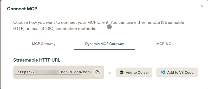 Connect MCP modal on the Dynamic MCP Gateway tab showing the Streamable HTTP URL