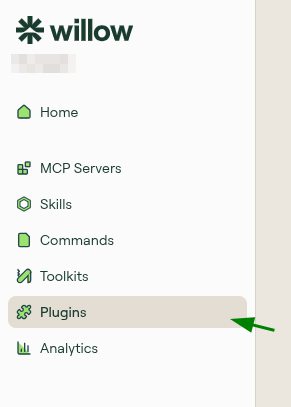 Connect portal sidebar with the Plugins item highlighted, below Toolkits and above Analytics
