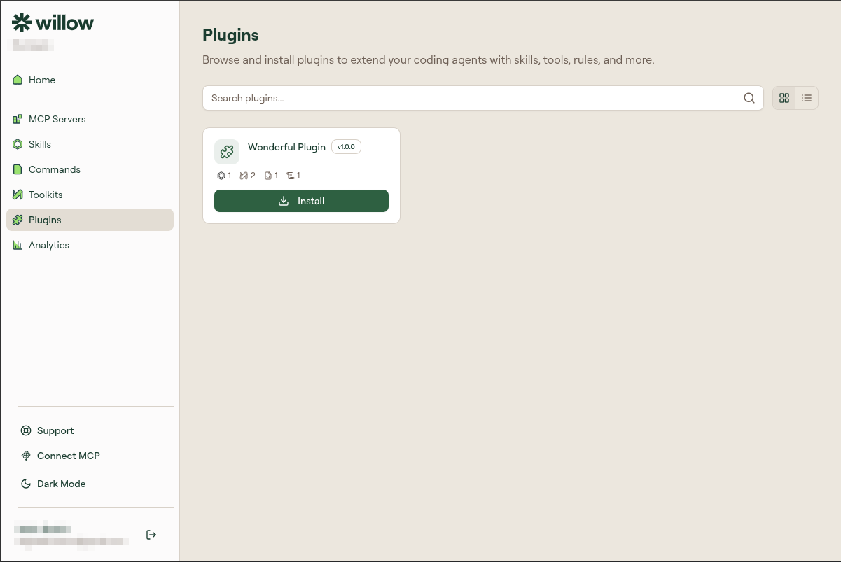 Connect portal Plugins page with a search field, grid and list view toggle, and a plugin card for Wonderful Plugin v1.0.0 showing component counts and an Install button